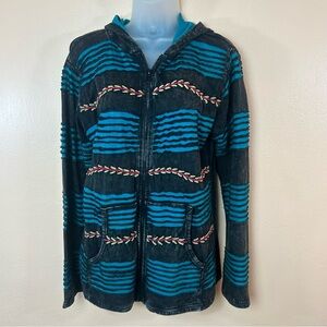 Flying High Foot Path Black Blue Embroidered Distressed Zip Front Sweatshirt XXL